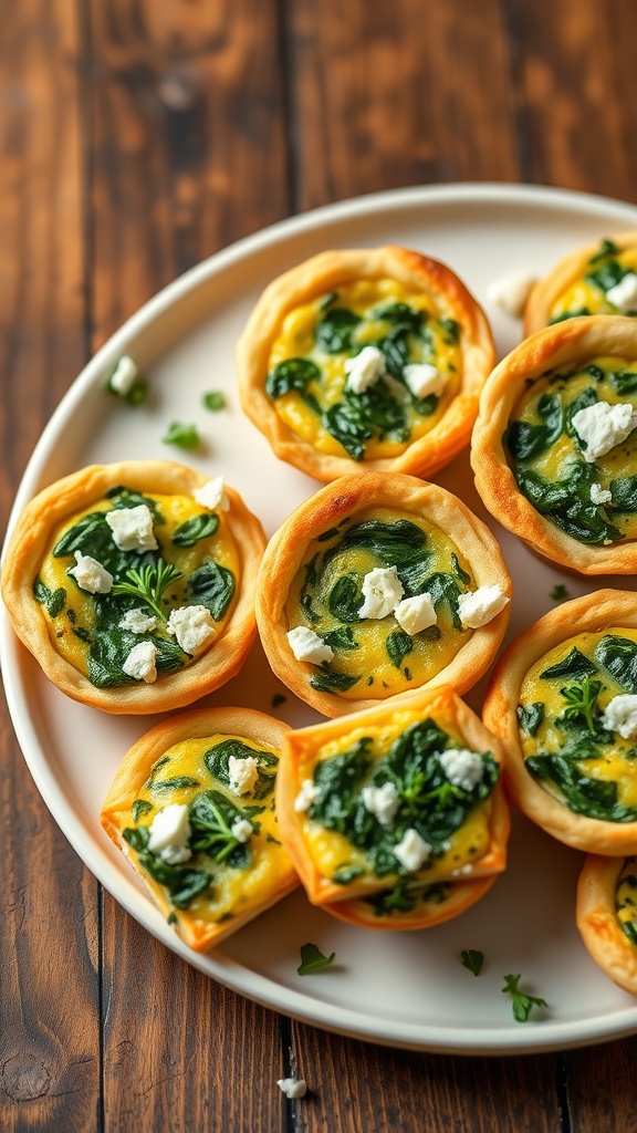 Golden mini quiches with spinach and feta on a rustic plate, garnished with herbs.